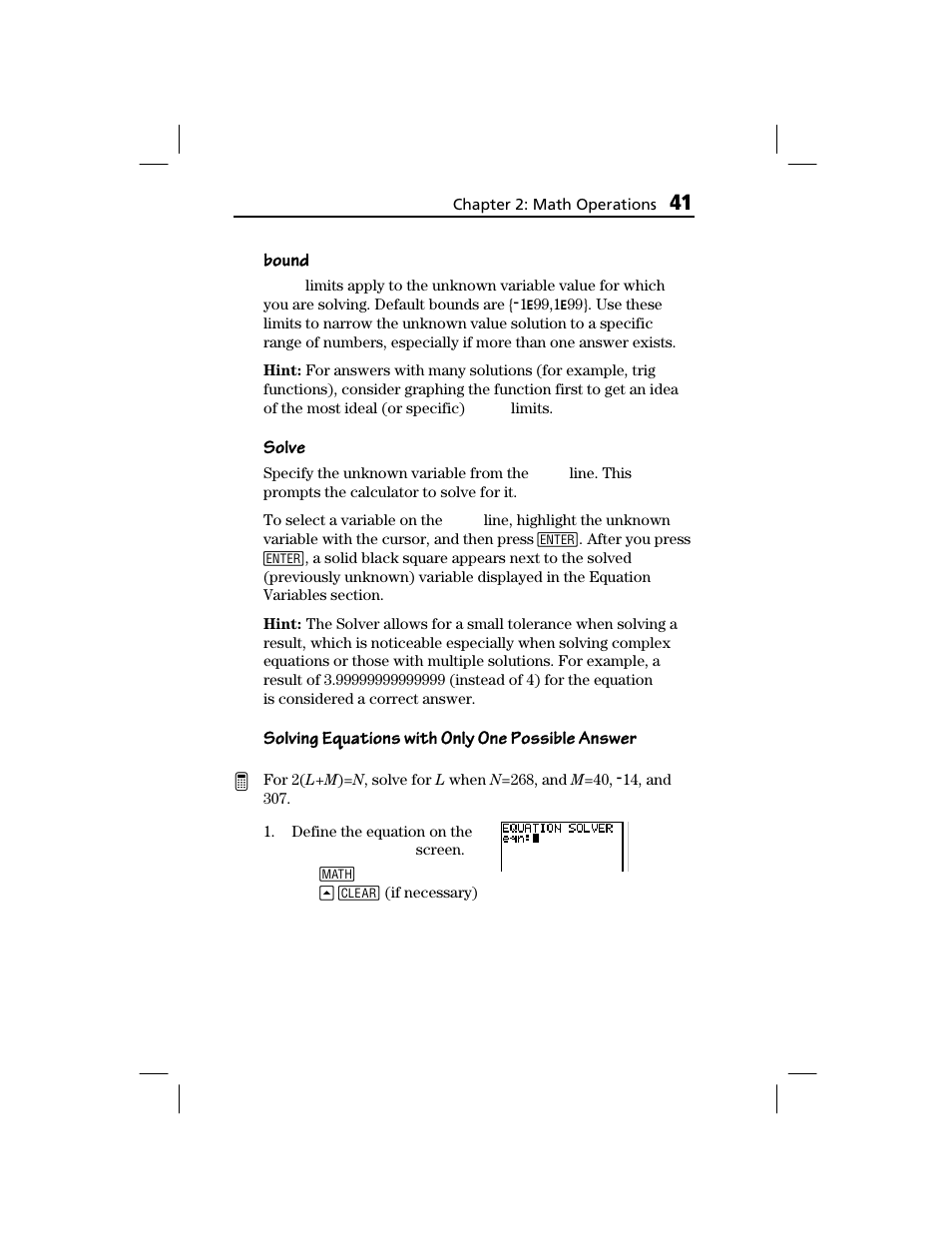 Bound, Solve, Solving equations with only one possible answer | Texas Instruments TI-73 EXPLORER User Manual | Page 47 / 364