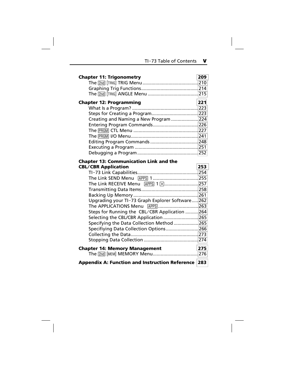 Chapter 11: trigonometry, Chapter 12: programming, Chapter 14: memory management | Appendix a: function and instruction reference | Texas Instruments TI-73 EXPLORER User Manual | Page 5 / 364