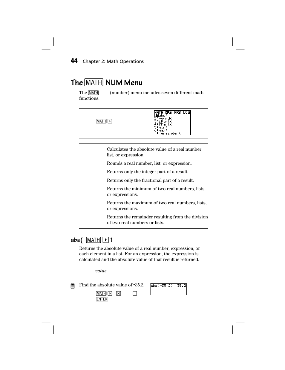 The [math] num menu, The 1, Num menu | Abs( abs( 1 | Texas Instruments TI-73 EXPLORER User Manual | Page 50 / 364