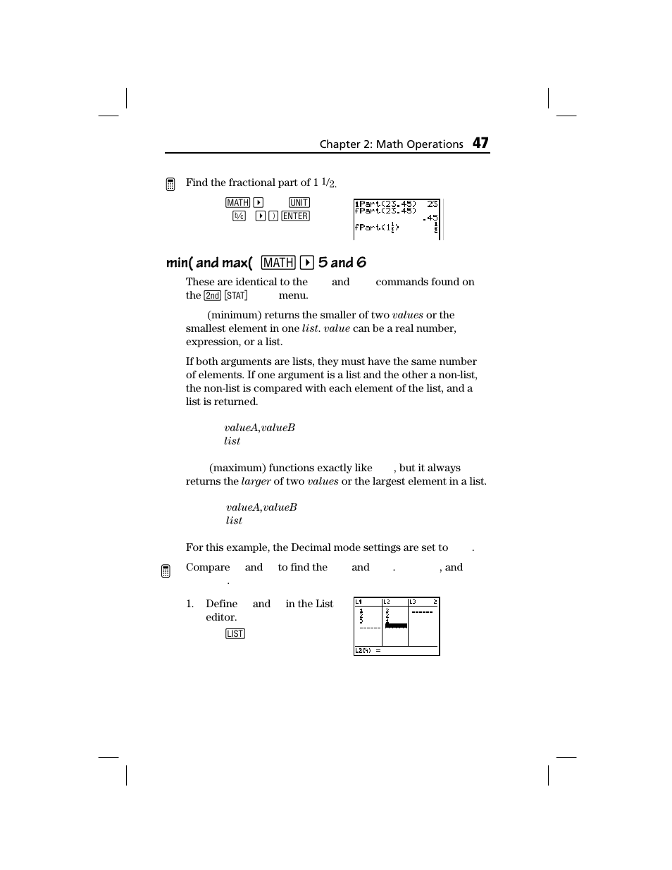 Min( and max, Min( and max( min( and max( 1, 5 and 6 | Texas Instruments TI-73 EXPLORER User Manual | Page 53 / 364