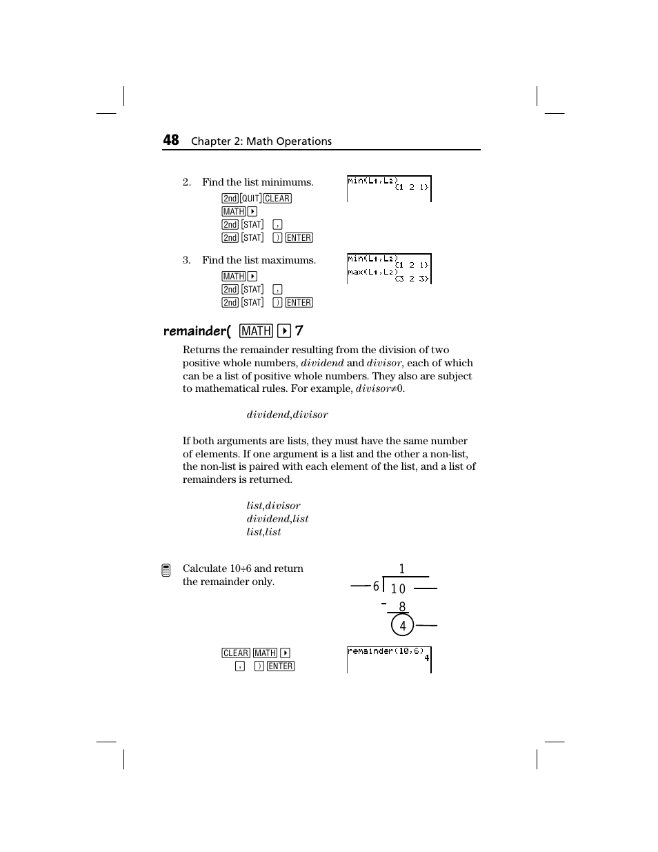 Remainder, Remainder( remainder( 1 | Texas Instruments TI-73 EXPLORER User Manual | Page 54 / 364