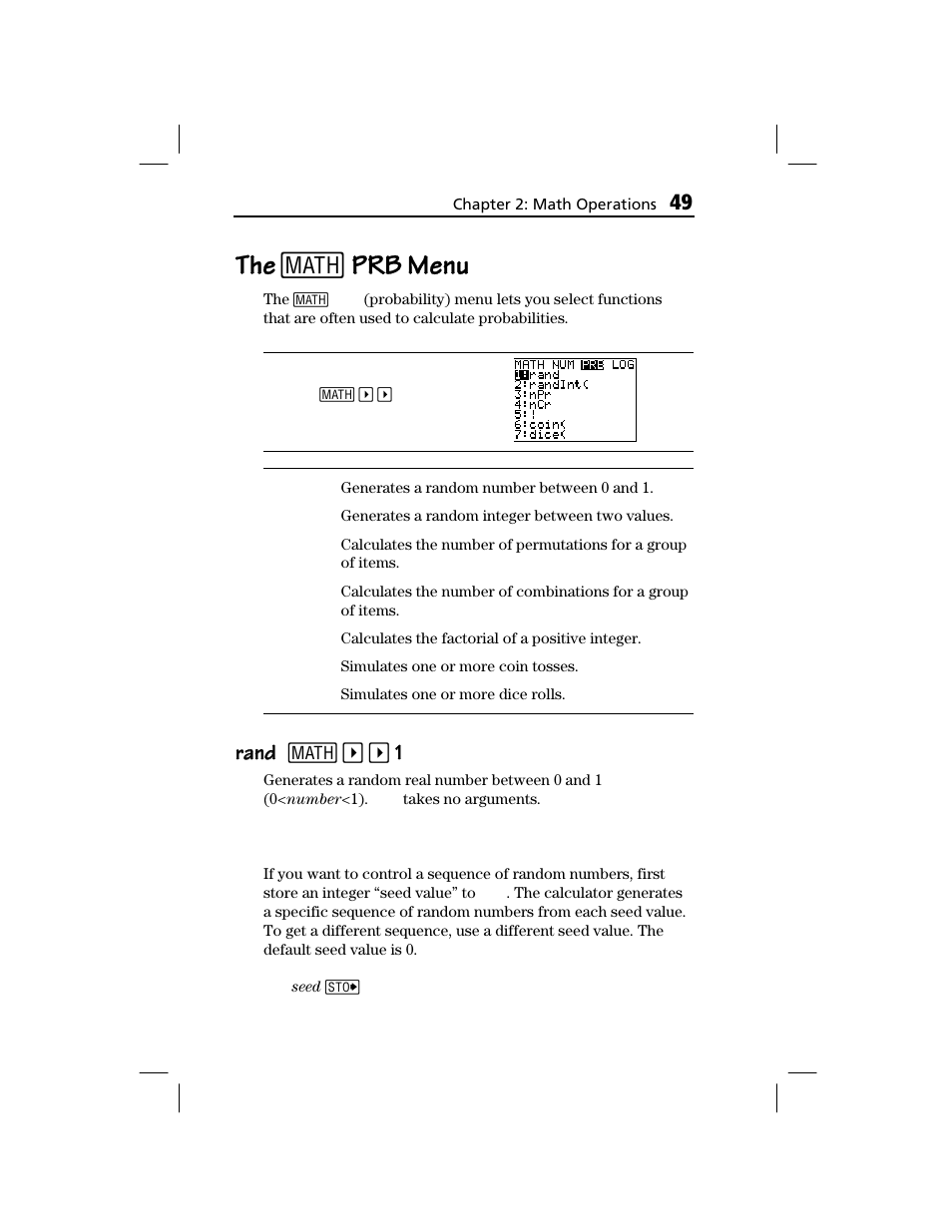 The [math] prb menu, Rand, The 1 | Prb menu, Rand rand 1 | Texas Instruments TI-73 EXPLORER User Manual | Page 55 / 364