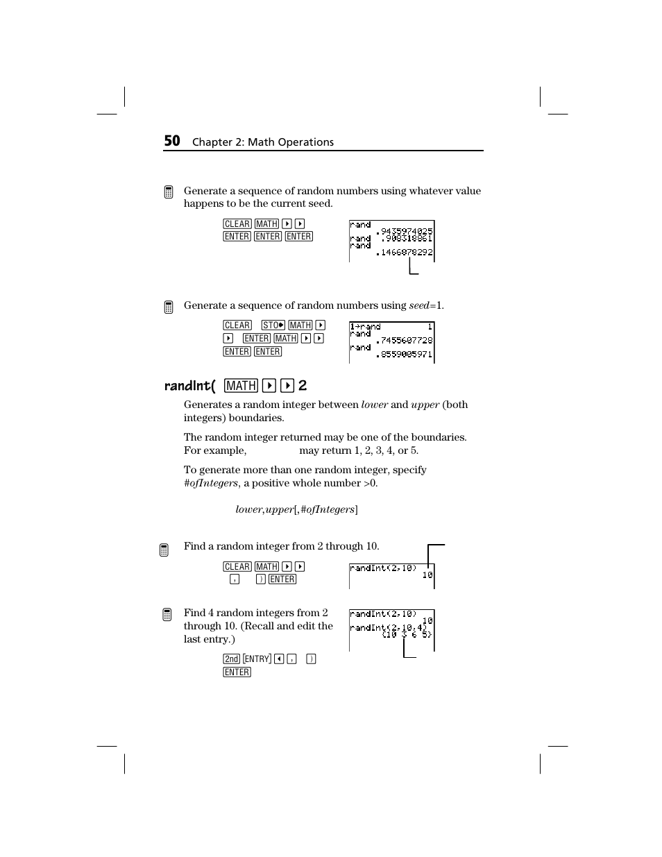 Randint, Randint( randint( 1 | Texas Instruments TI-73 EXPLORER User Manual | Page 56 / 364