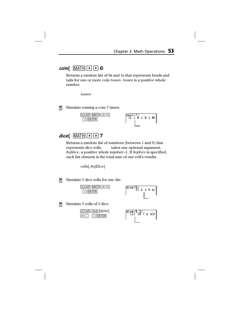 Coin, Dice, Coin( coin( 1 | Dice( dice( 1 | Texas Instruments TI-73 EXPLORER User Manual | Page 59 / 364