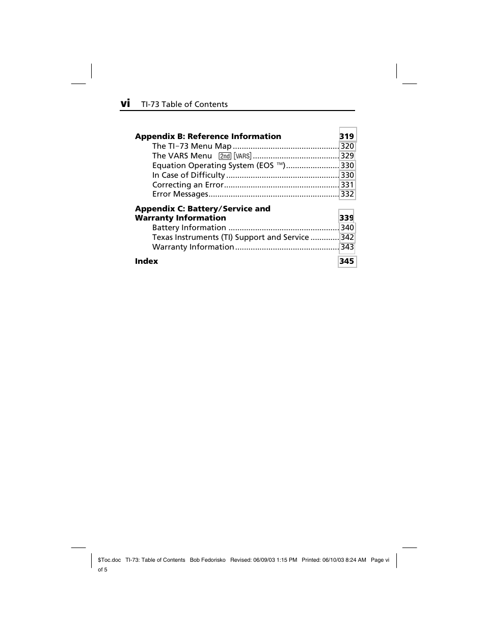 Appendix b: reference information, Index | Texas Instruments TI-73 EXPLORER User Manual | Page 6 / 364