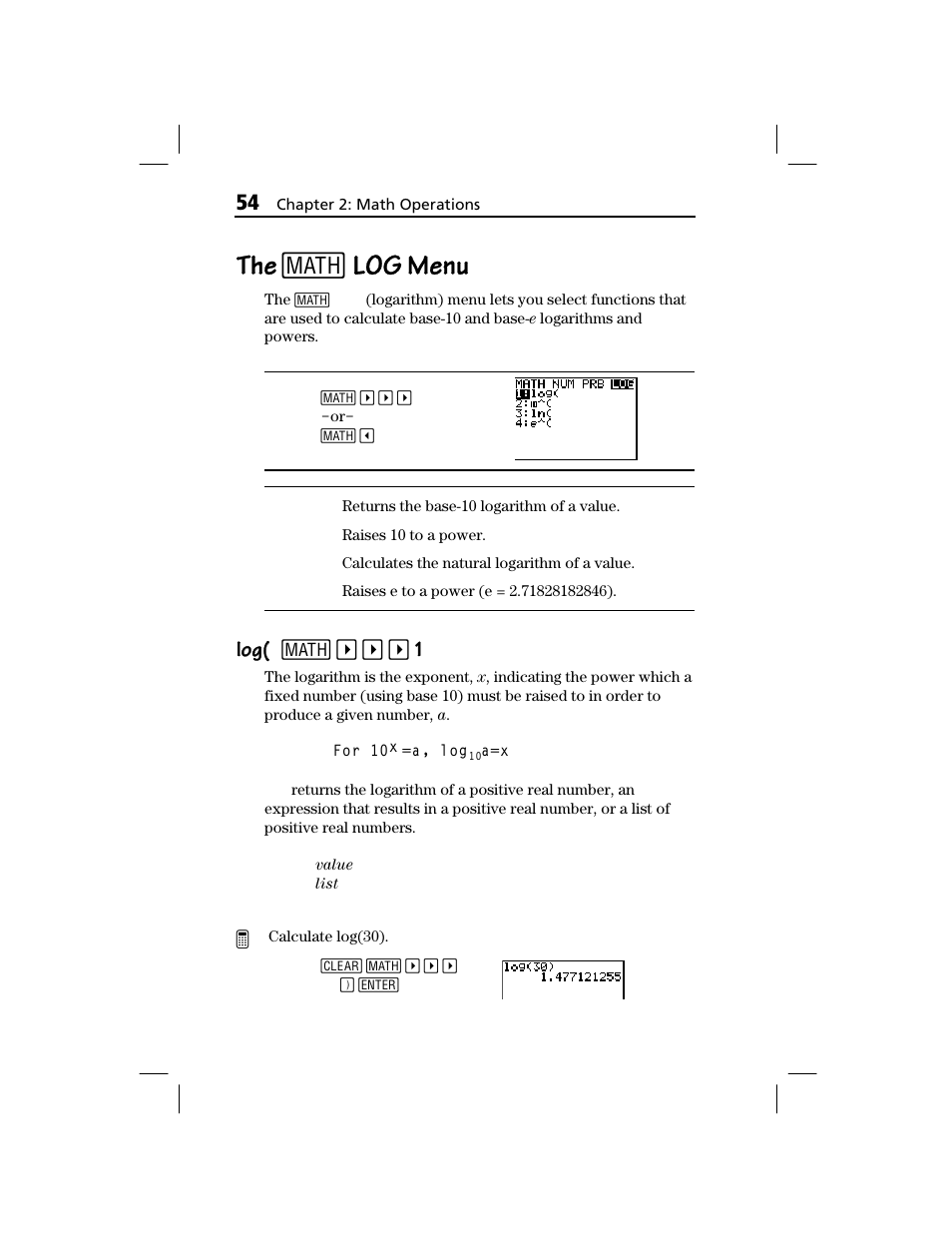 The [math] log menu, The 1, Log menu | Log( log( 1 | Texas Instruments TI-73 EXPLORER User Manual | Page 60 / 364