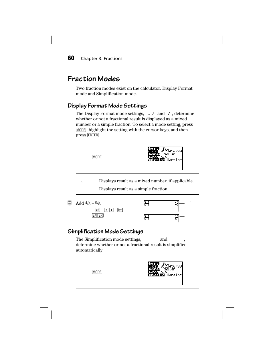 Fraction modes, Display format mode settings, Simplification mode settings | Texas Instruments TI-73 EXPLORER User Manual | Page 66 / 364