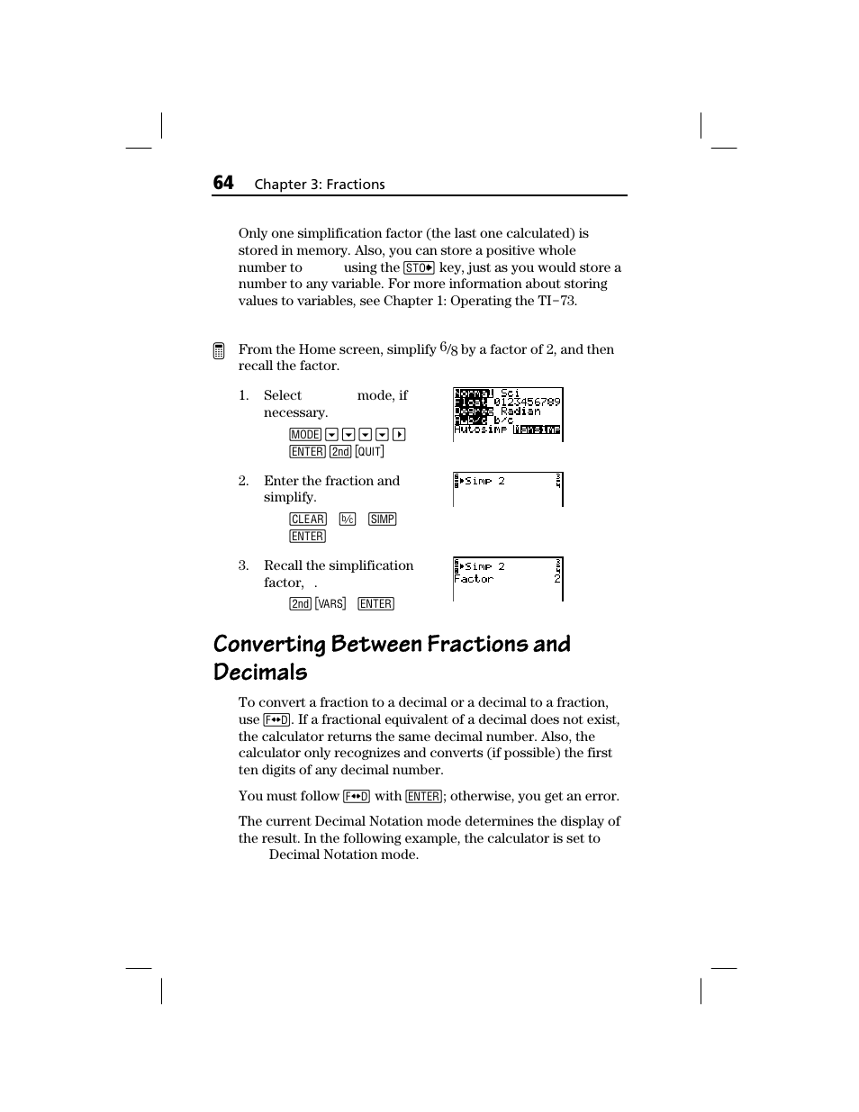 Converting between fractions and decimals, Converting between fractions and, Decimals | Texas Instruments TI-73 EXPLORER User Manual | Page 70 / 364