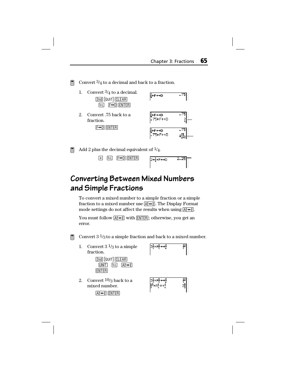 Converting between mixed numbers, And simple fractions | Texas Instruments TI-73 EXPLORER User Manual | Page 71 / 364