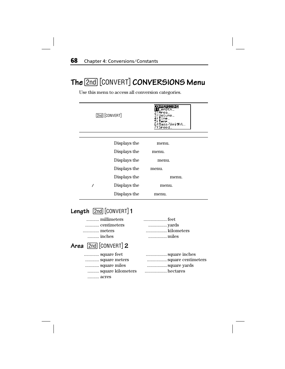 The [2nd] [convert] conversions menu, Length, Area | Conversions menu, Length length, Area area | Texas Instruments TI-73 EXPLORER User Manual | Page 74 / 364