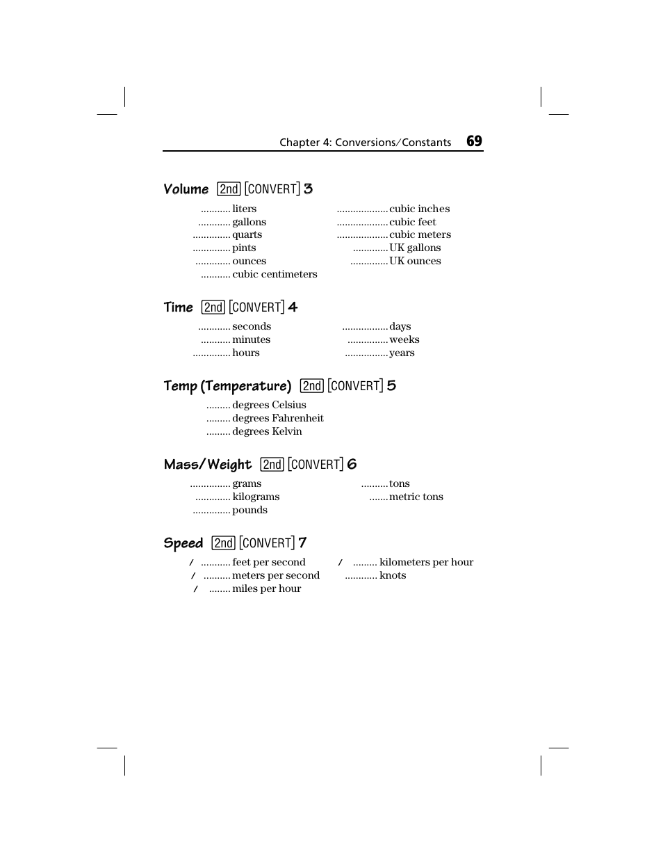 Volume, Time, Temp (temperature) | Mass/weight, Speed, Volume volume, Time time, Temp (temperature) temp (temperature), Mass, Mass à | Texas Instruments TI-73 EXPLORER User Manual | Page 75 / 364