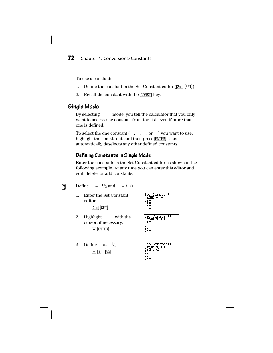 Single mode single mode, Single mode, Defining constants in single mode | Texas Instruments TI-73 EXPLORER User Manual | Page 78 / 364