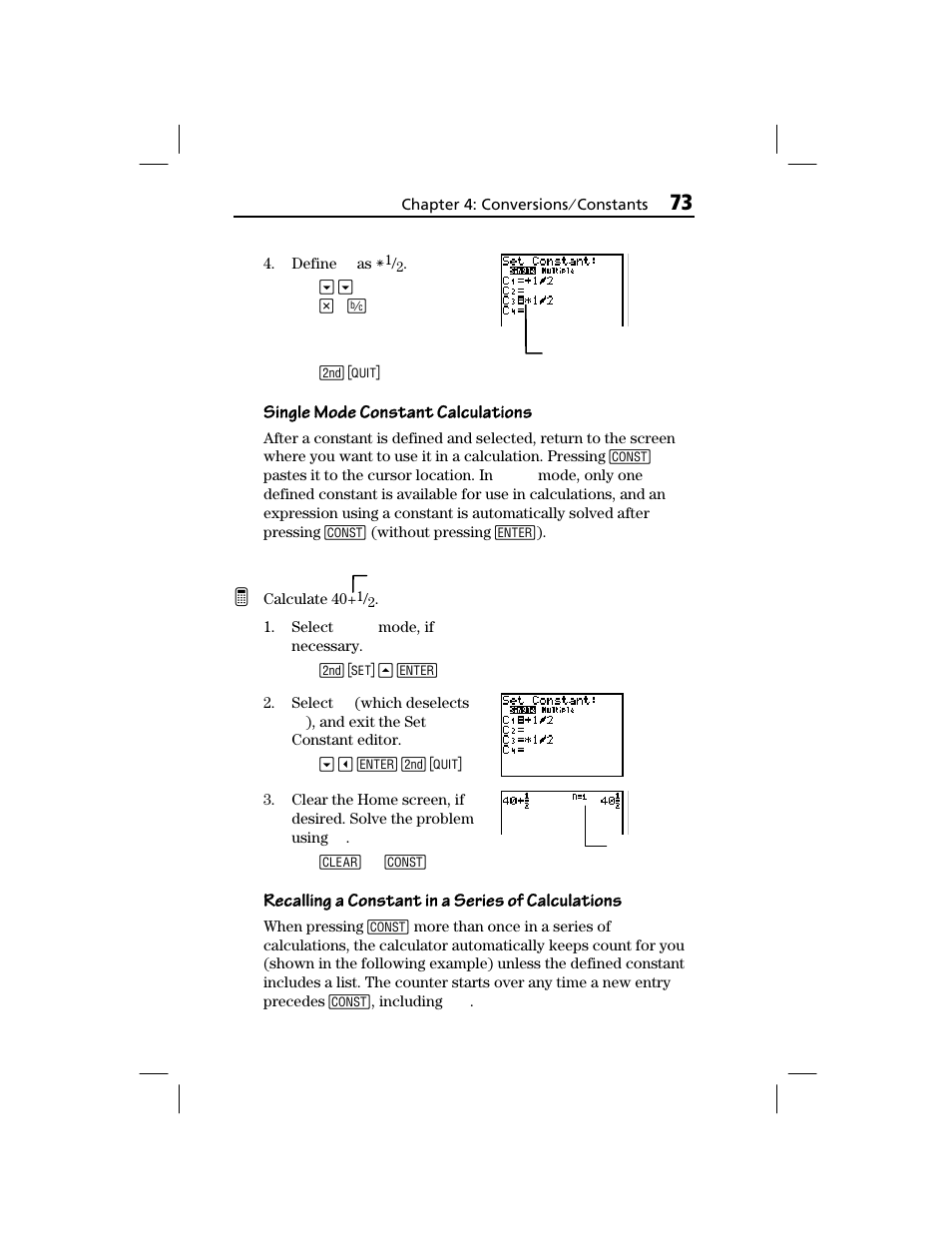 Single mode constant calculations, Recalling a constant in a series of calculations | Texas Instruments TI-73 EXPLORER User Manual | Page 79 / 364