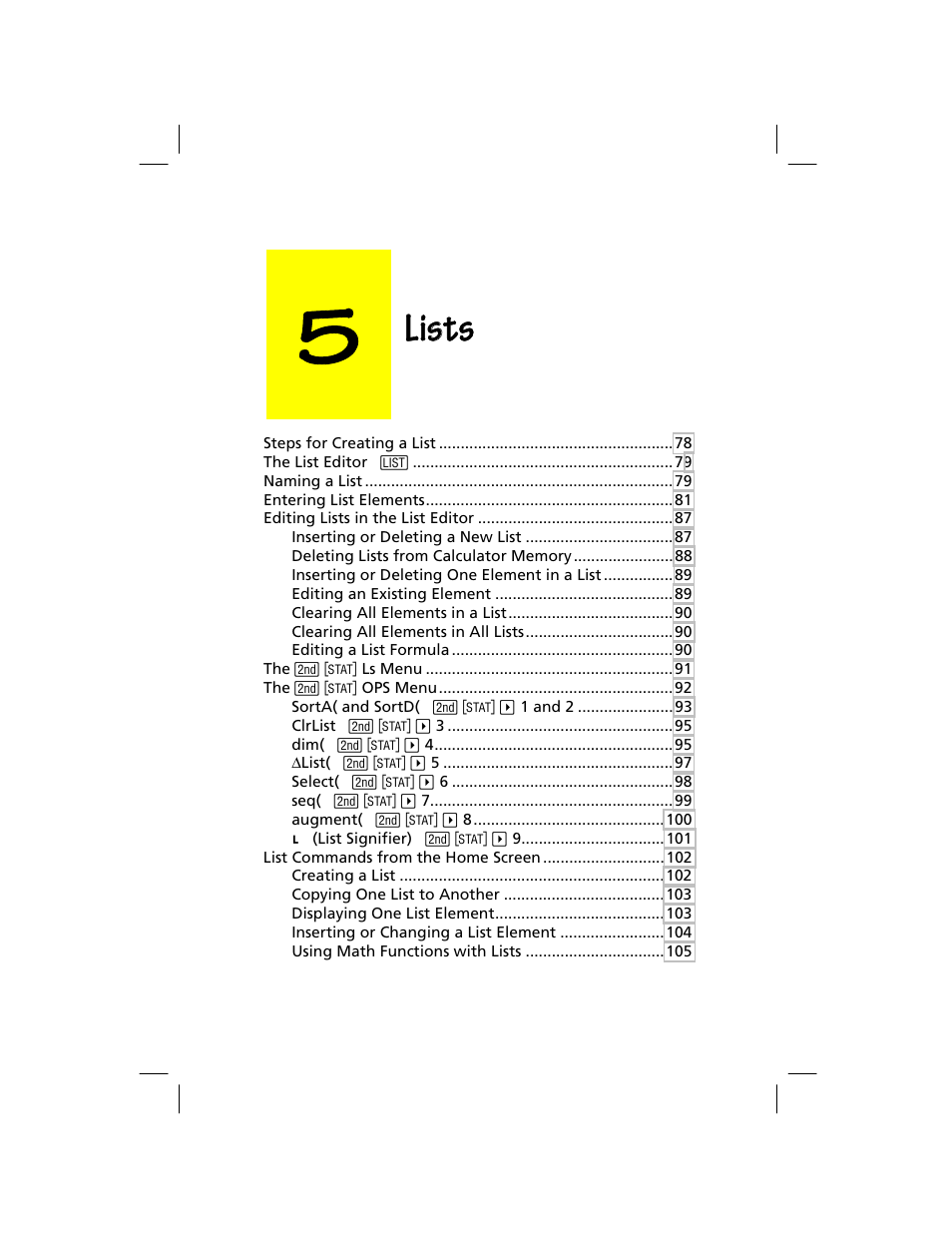 Chapter 5: lists, Lists | Texas Instruments TI-73 EXPLORER User Manual | Page 83 / 364