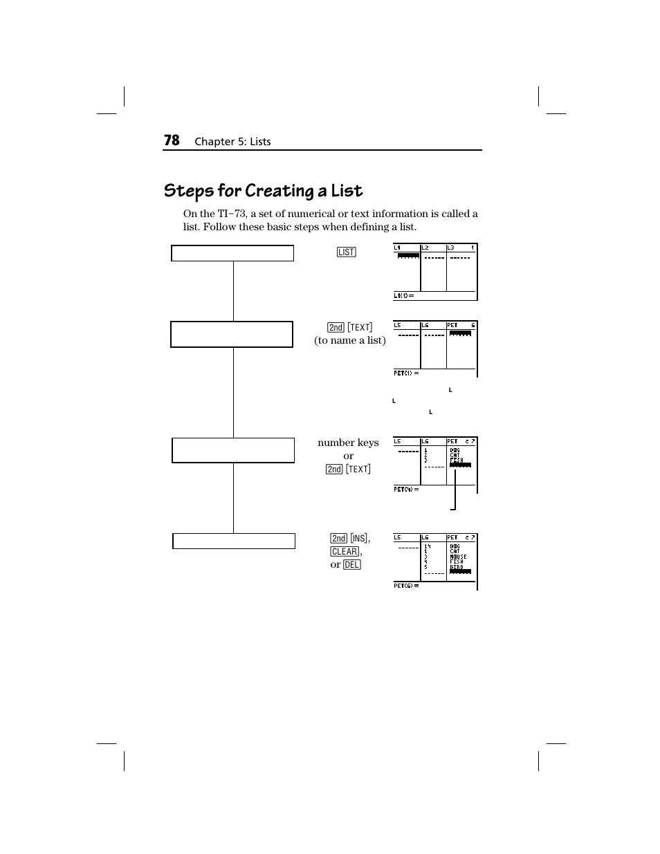 Steps for creating a list | Texas Instruments TI-73 EXPLORER User Manual | Page 84 / 364