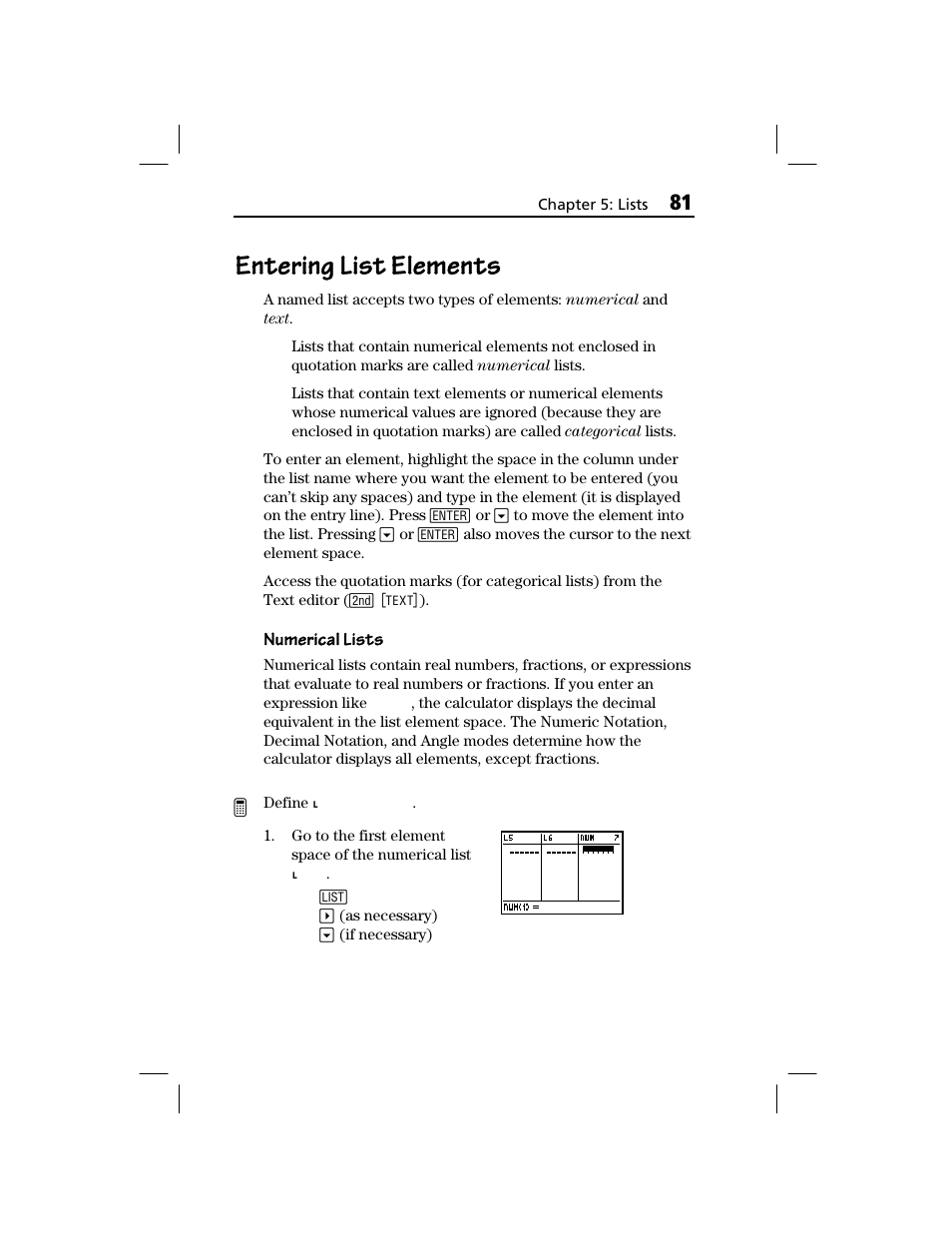 Entering list elements | Texas Instruments TI-73 EXPLORER User Manual | Page 87 / 364