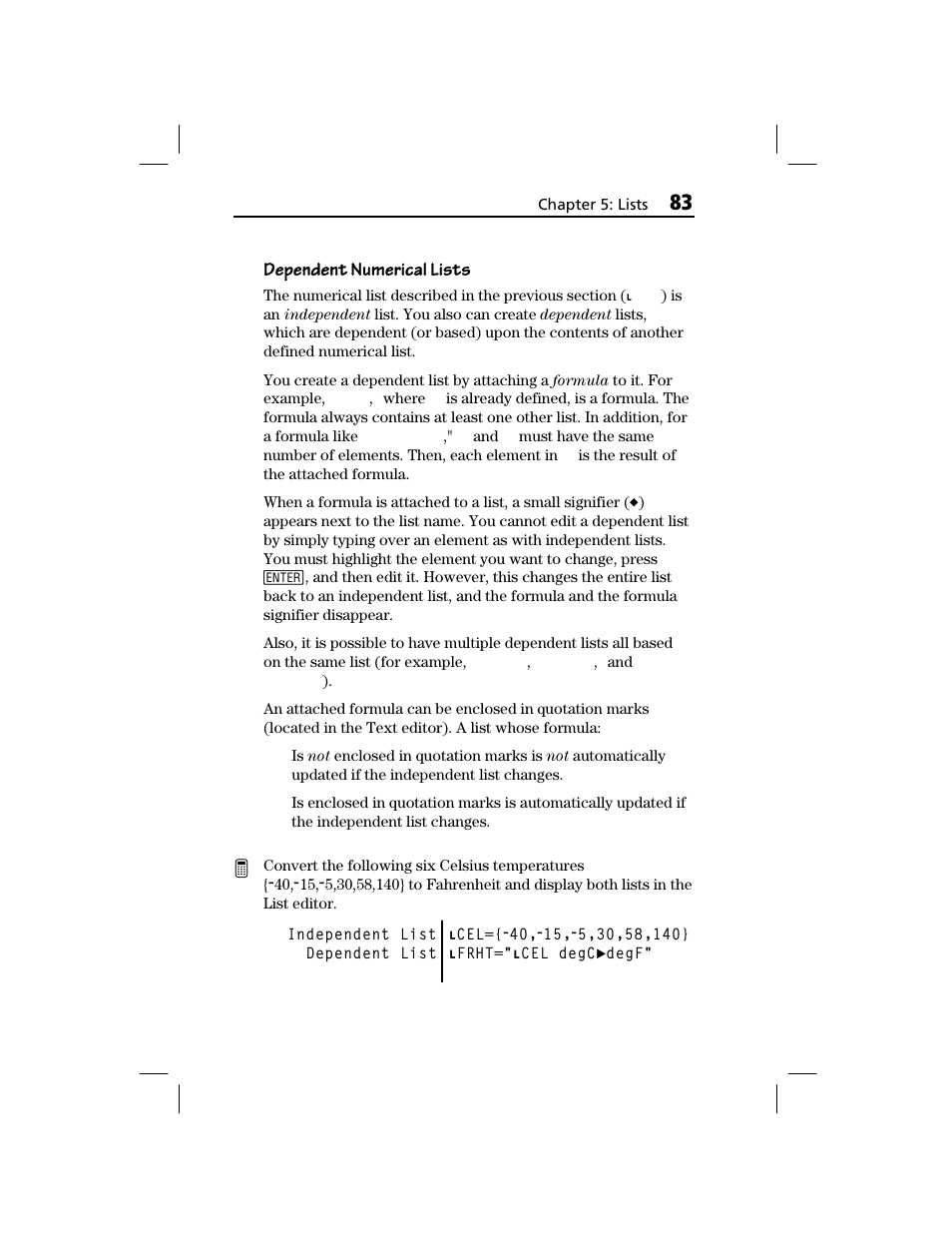 Dependent numerical lists | Texas Instruments TI-73 EXPLORER User Manual | Page 89 / 364