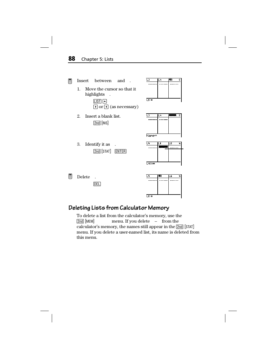 Deleting lists from calculator memory | Texas Instruments TI-73 EXPLORER User Manual | Page 94 / 364