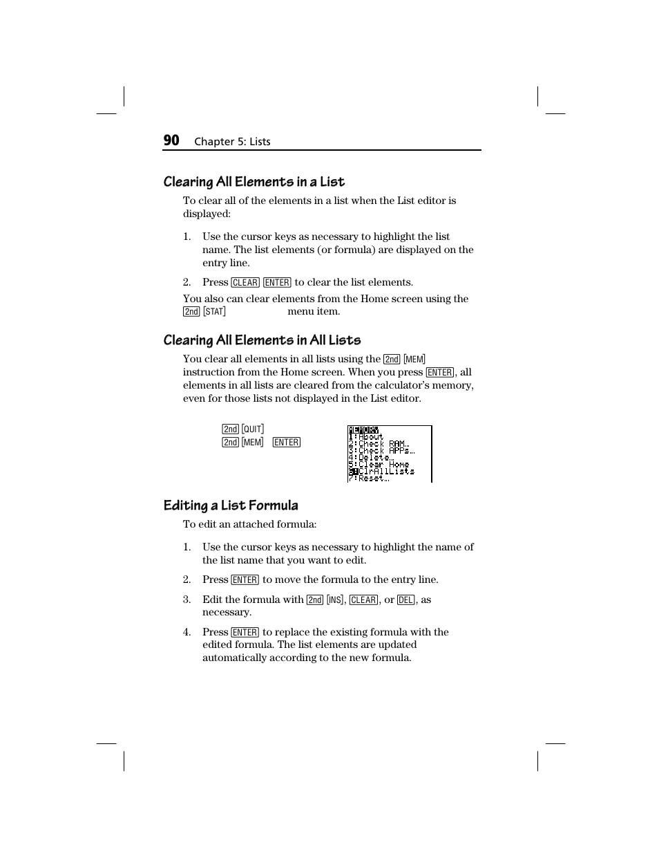 Clearing all elements in a list, Clearing all elements in all lists, Editing a list formula | Texas Instruments TI-73 EXPLORER User Manual | Page 96 / 364