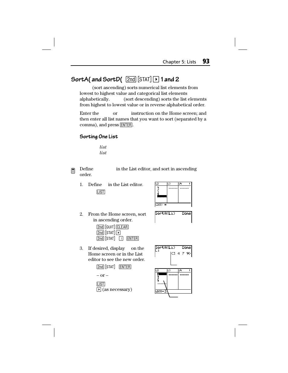 Sorta( and sortd, Sorta( and sortd( sorta( and sortd, 1 and 2 | Sorting one list | Texas Instruments TI-73 EXPLORER User Manual | Page 99 / 364