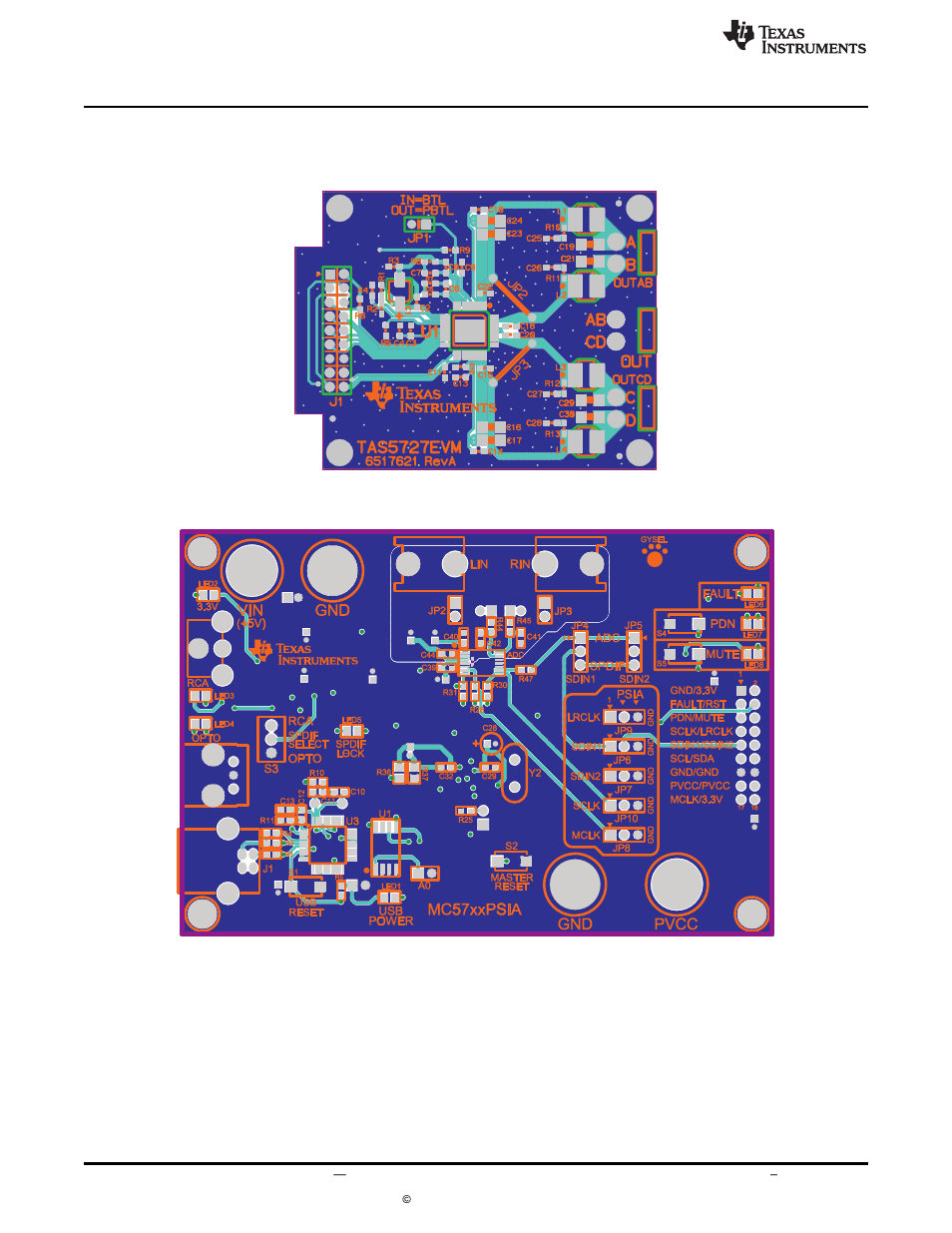 5 board layouts, bill of materials, and schematic, 1 tas5727evm and mc57xxpsia board layouts | Texas Instruments TAS5727 User Manual | Page 14 / 21