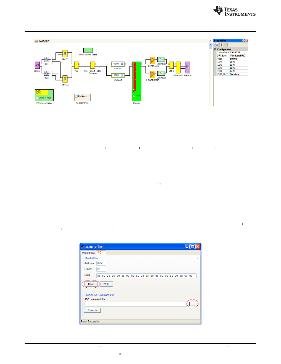 3 using the evm software, 1 connect the gui to the evm, 2 i2c memory tool | Using the evm software | Texas Instruments TAS5727 User Manual | Page 8 / 21