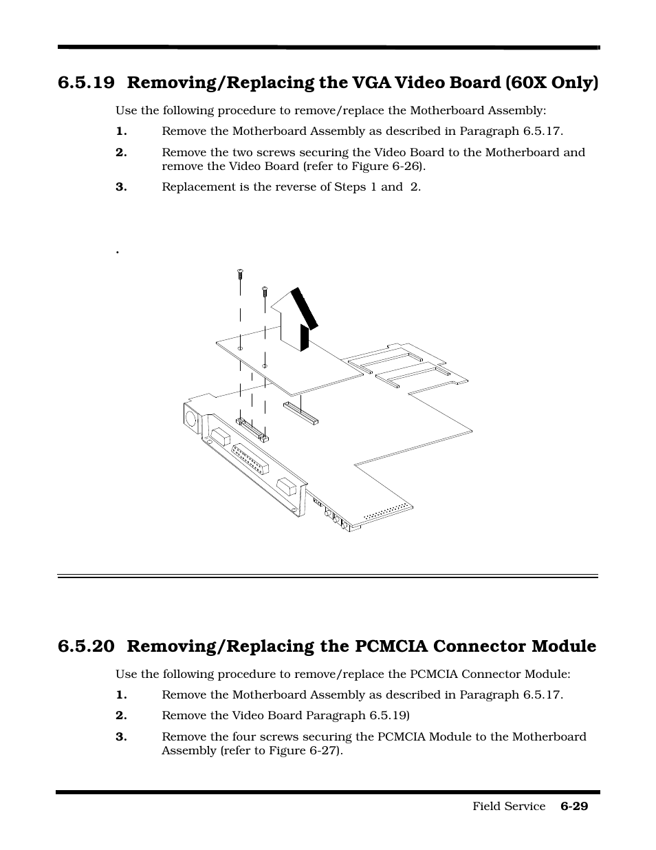 Removing/replacing the vga video board (60x only), Removing/replacing the pcmcia connector module, 20 removing/replacing the pcmcia connector module | Texas Instruments 60X User Manual | Page 113 / 212