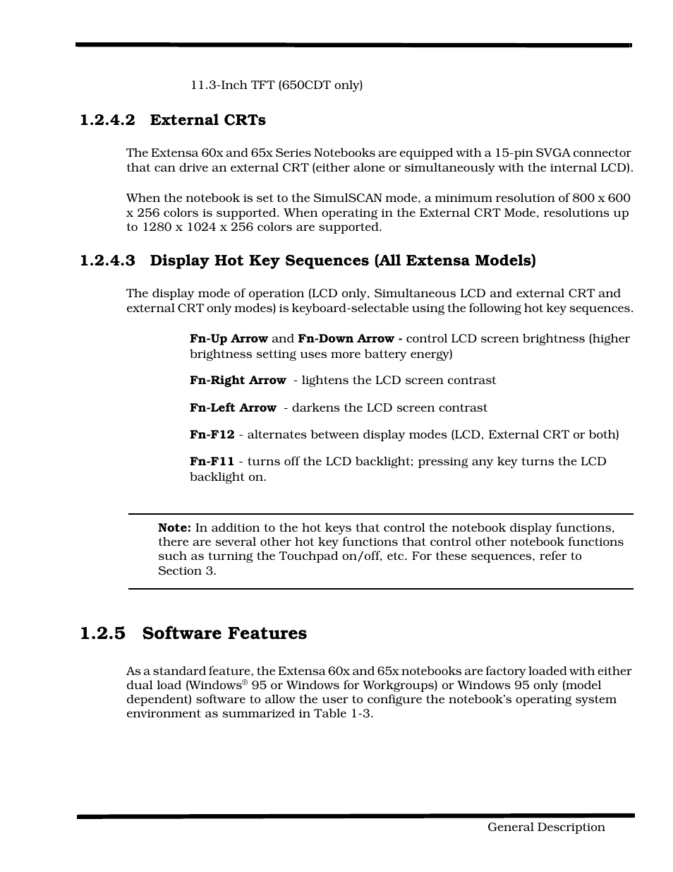 External crts, Display hot key sequences (all extensa models), Software features | 5 software features | Texas Instruments 60X User Manual | Page 15 / 212