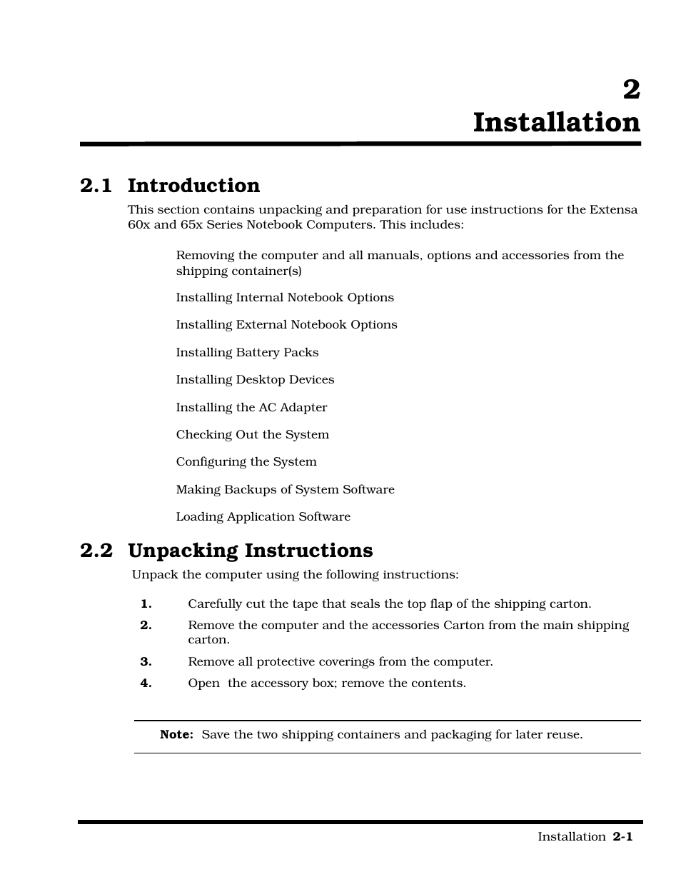 Installation, Section 2 installation, Introduction | Unpacking instructions, Section 2 installation (continued), 2installation, 1 introduction, 2 unpacking instructions | Texas Instruments 60X User Manual | Page 31 / 212