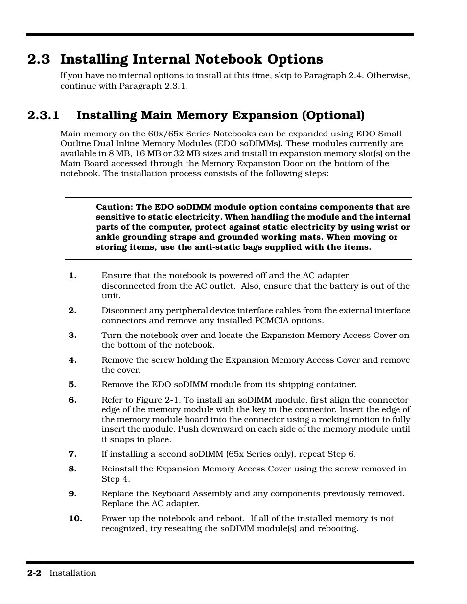 Installing internal notebook options, Installing main memory expansion (optional) | Texas Instruments 60X User Manual | Page 32 / 212