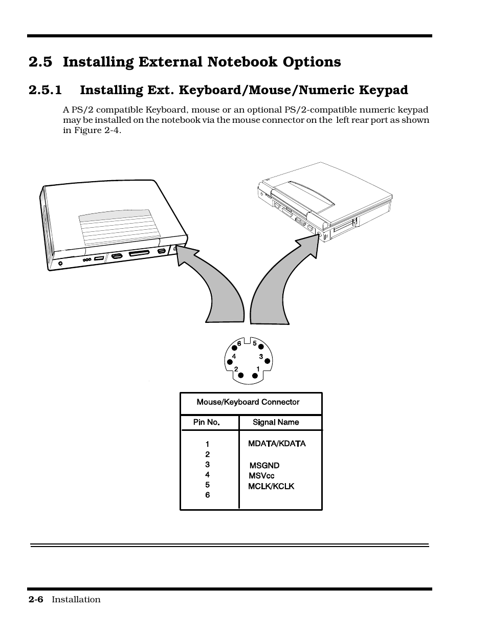 Installing external notebook options, Installing ext. keyboard/mouse/numeric keypad, 1 installing ext. keyboard/mouse/numeric keypad | Texas Instruments 60X User Manual | Page 36 / 212