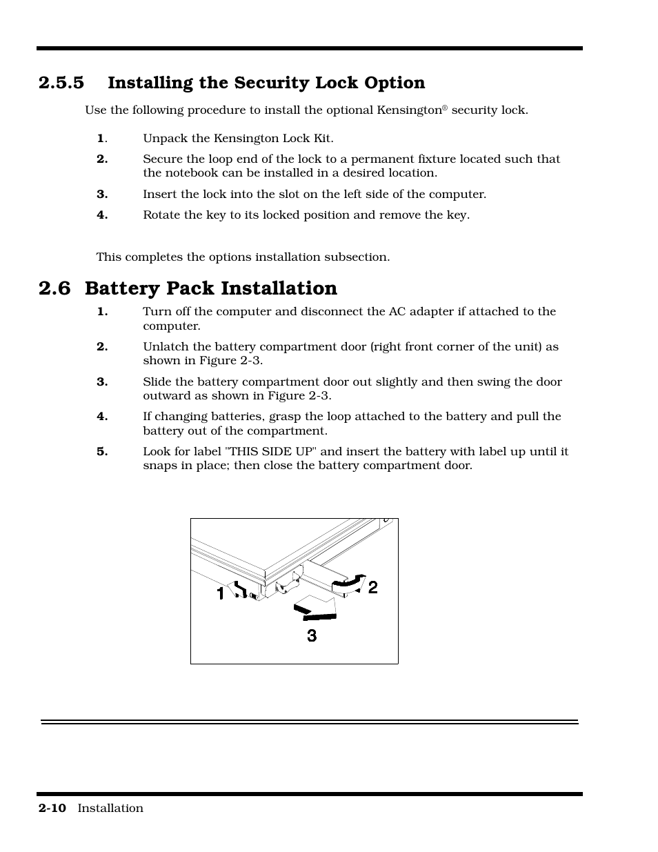 Installing the security lock option, Battery pack installation, 6 battery pack installation | 5 installing the security lock option | Texas Instruments 60X User Manual | Page 40 / 212