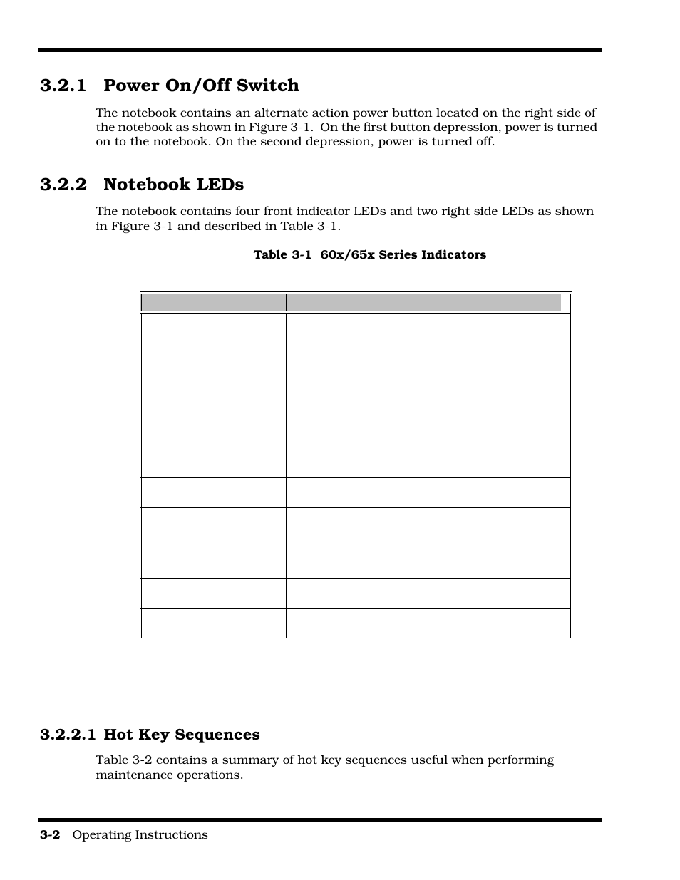 Power on/off switch, Notebook leds, 1 power on/off switch | 1 hot key sequences | Texas Instruments 60X User Manual | Page 44 / 212