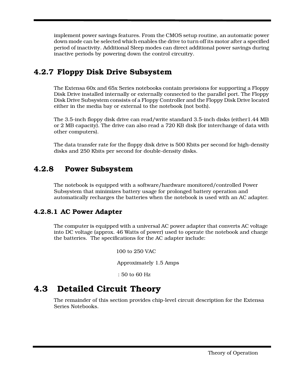 Floppy disk drive subsystem, Power subsystem, Ac power adapter | Detailed circuit theory, 3 detailed circuit theory, 7 floppy disk drive subsystem, 8 power subsystem | Texas Instruments 60X User Manual | Page 51 / 212