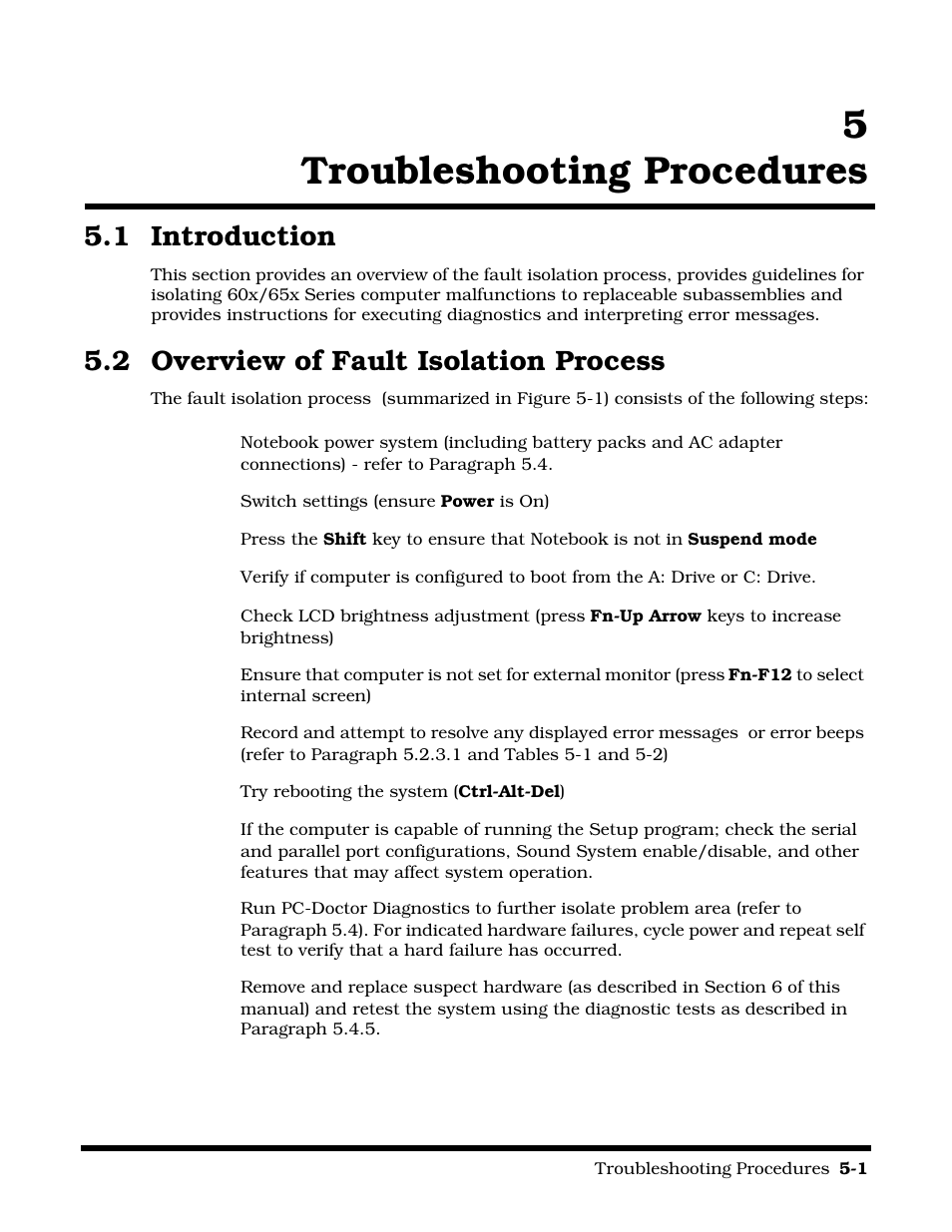 Troubleshooting procedures, Section 5 troubleshooting procedures, Introduction | Overview of fault isolation process, Section 5 troubleshooting procedures (continued), 5troubleshooting procedures, 1 introduction, 2 overview of fault isolation process | Texas Instruments 60X User Manual | Page 71 / 212