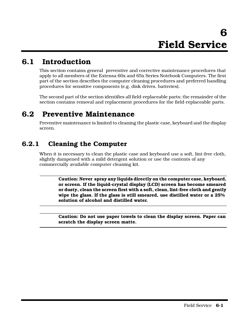 Field service, Section 6 field service, Introduction | Preventive maintenance, Cleaning the computer, Section 6 field service (continued), 6field service, 1 introduction, 2 preventive maintenance | Texas Instruments 60X User Manual | Page 85 / 212