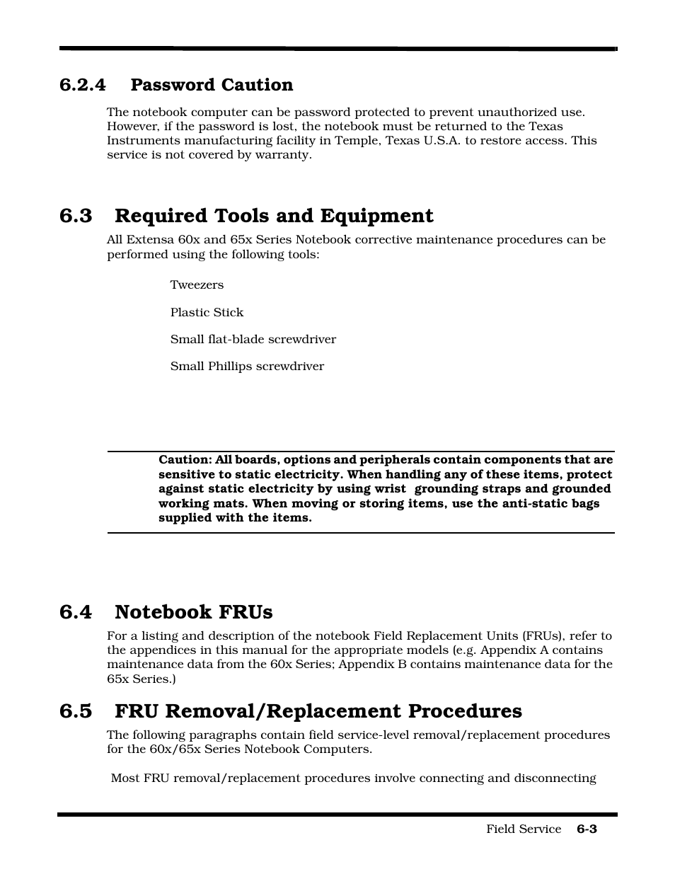 Password caution, Required tools and equipment, Notebook frus | Fru removal/replacement procedures, 3 required tools and equipment, 5 fru removal/replacement procedures | Texas Instruments 60X User Manual | Page 87 / 212