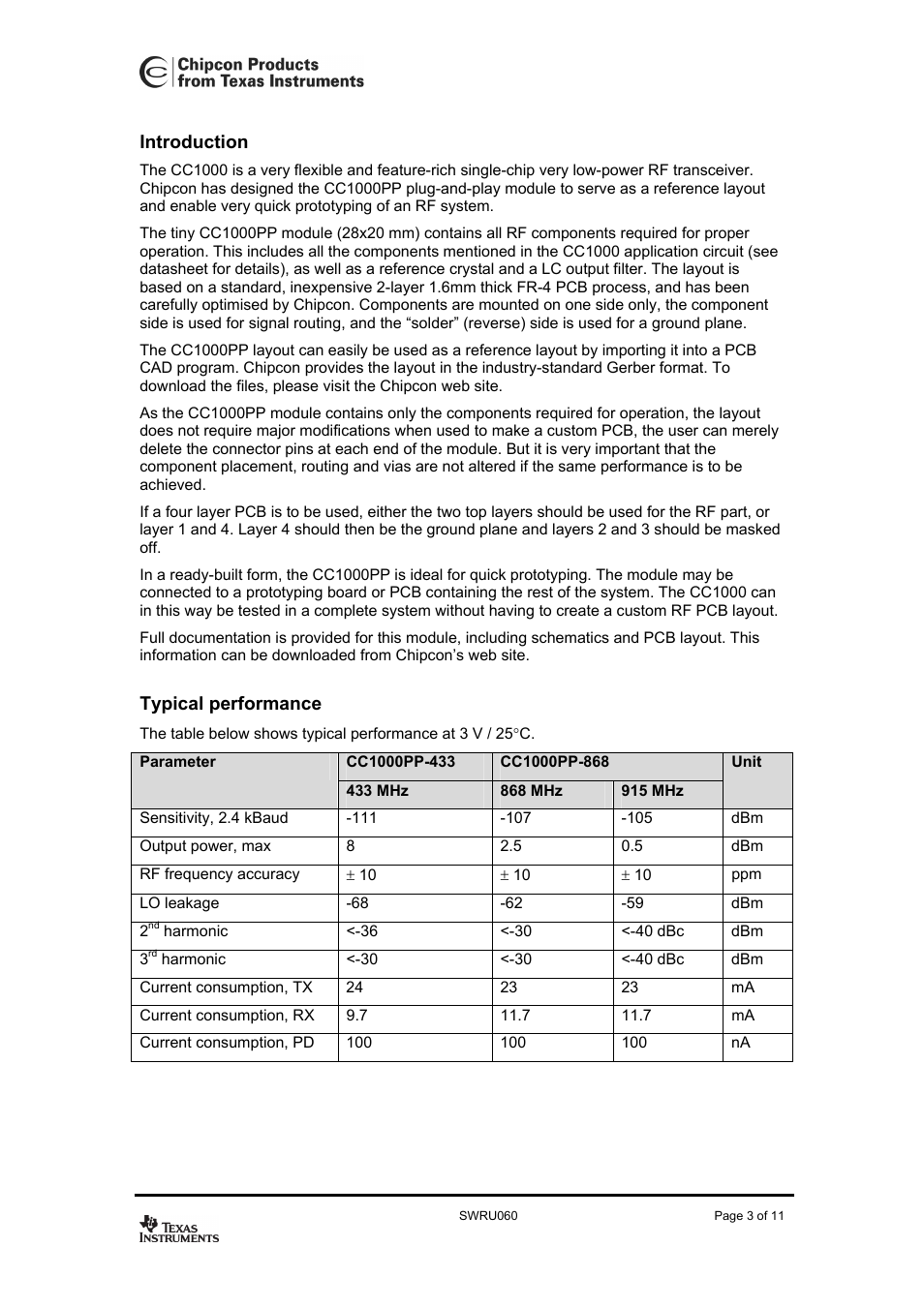 Introduction, Typical performance | Texas Instruments CC1000PP User Manual | Page 3 / 11