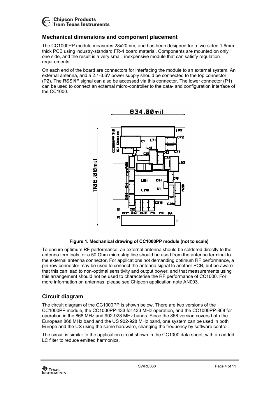 Mechanical dimensions and component placement, Circuit diagram | Texas Instruments CC1000PP User Manual | Page 4 / 11