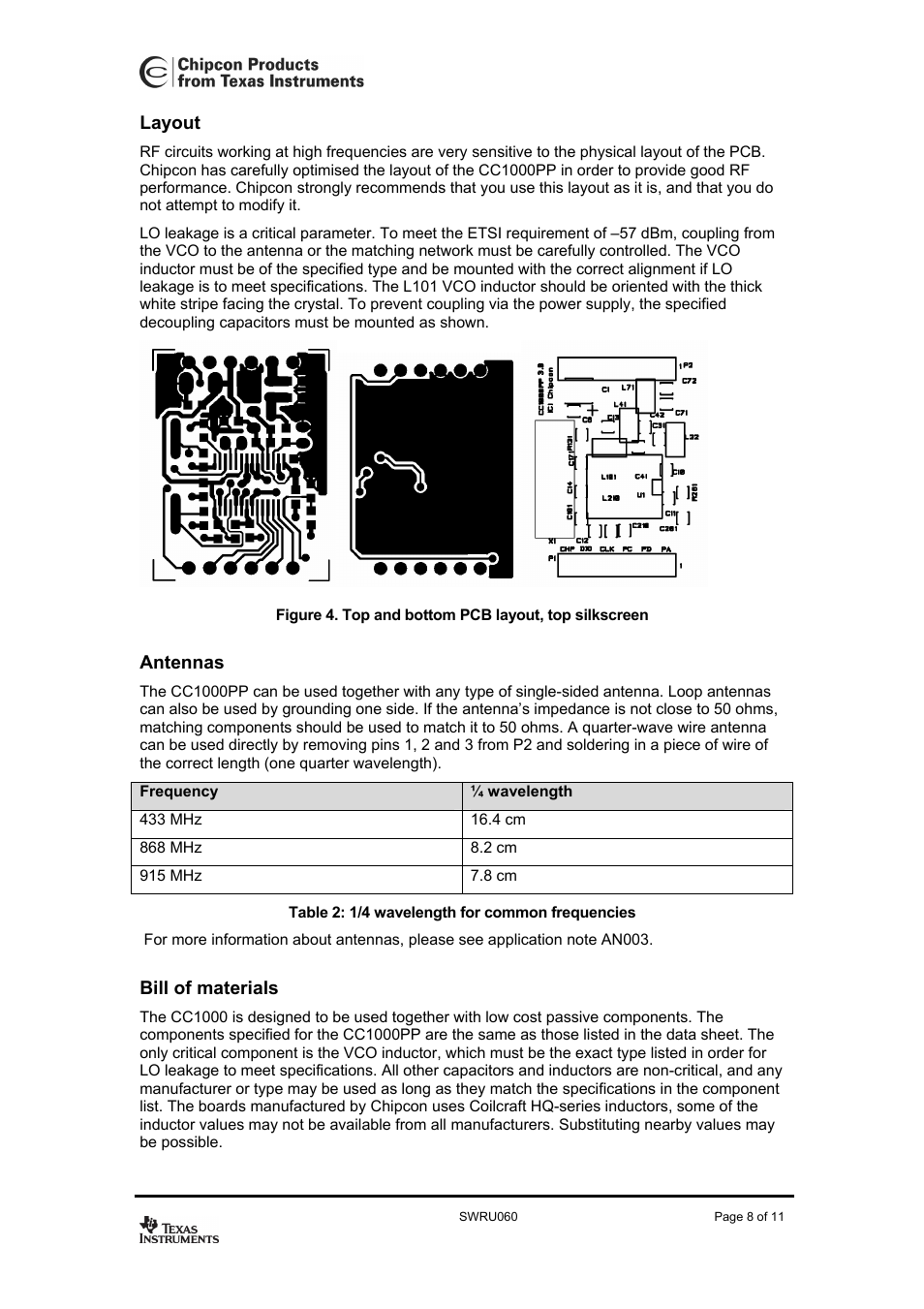 Layout, Antennas, Bill of materials | Texas Instruments CC1000PP User Manual | Page 8 / 11