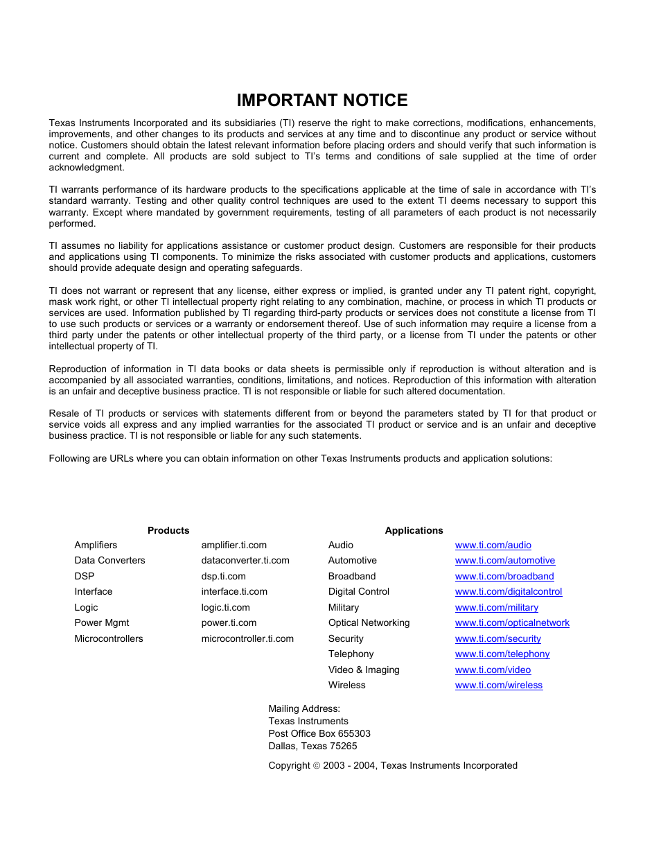 Important notice | Texas Instruments HPL-D SLLU064A User Manual | Page 2 / 27