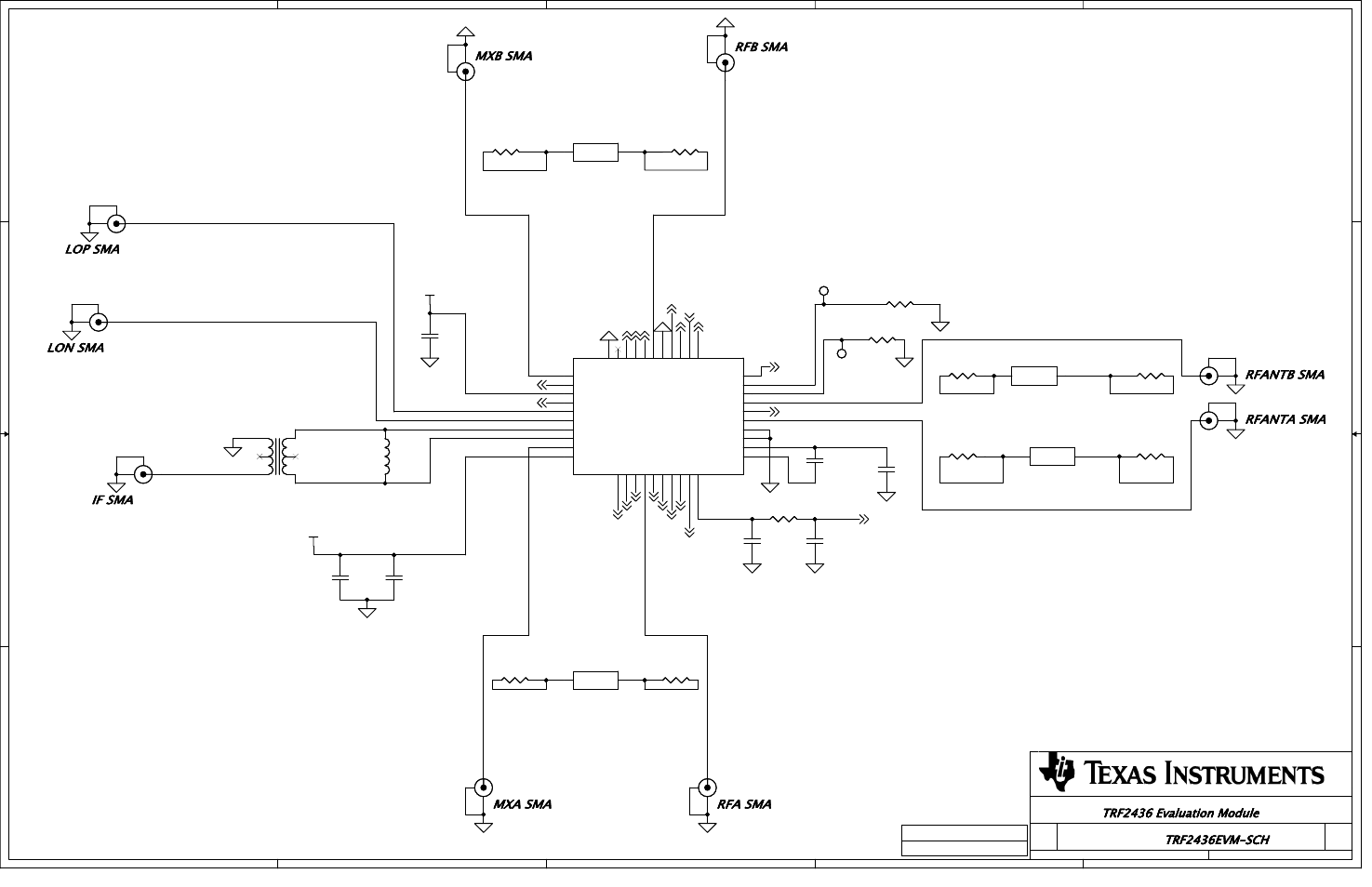 Trf2436evm-sch, Trf2436 evaluation module, Mxb sma | Rfantb sma, Rfb sma, Lon sma, If sma, Lop sma, Rfanta sma, Rfa sma | Texas Instruments Chipset TRF2436EVM User Manual | Page 7 / 11