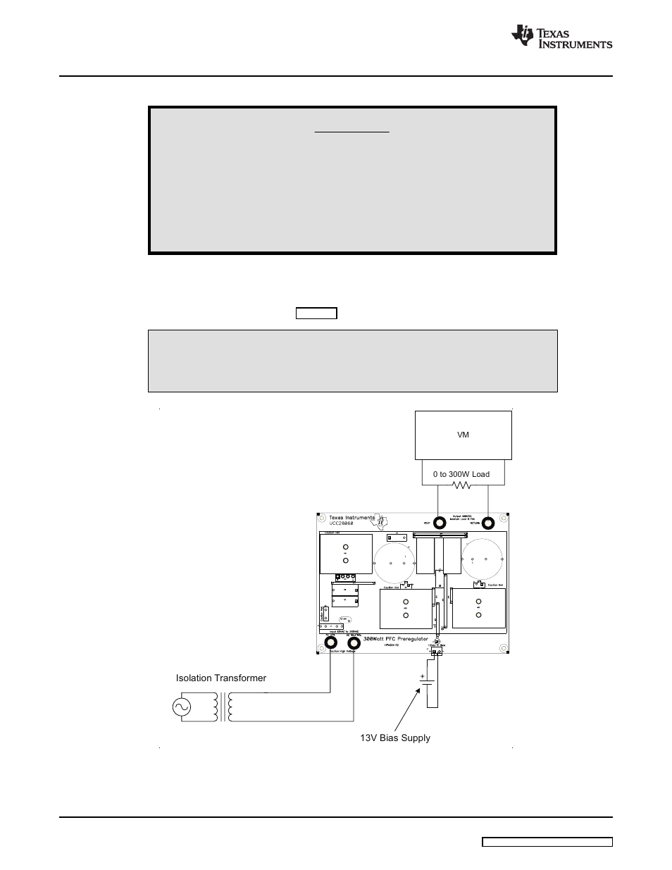 5 test setup and power-up/power-down instructions, Warning | Texas Instruments UCC28060EVM User Manual | Page 4 / 15
