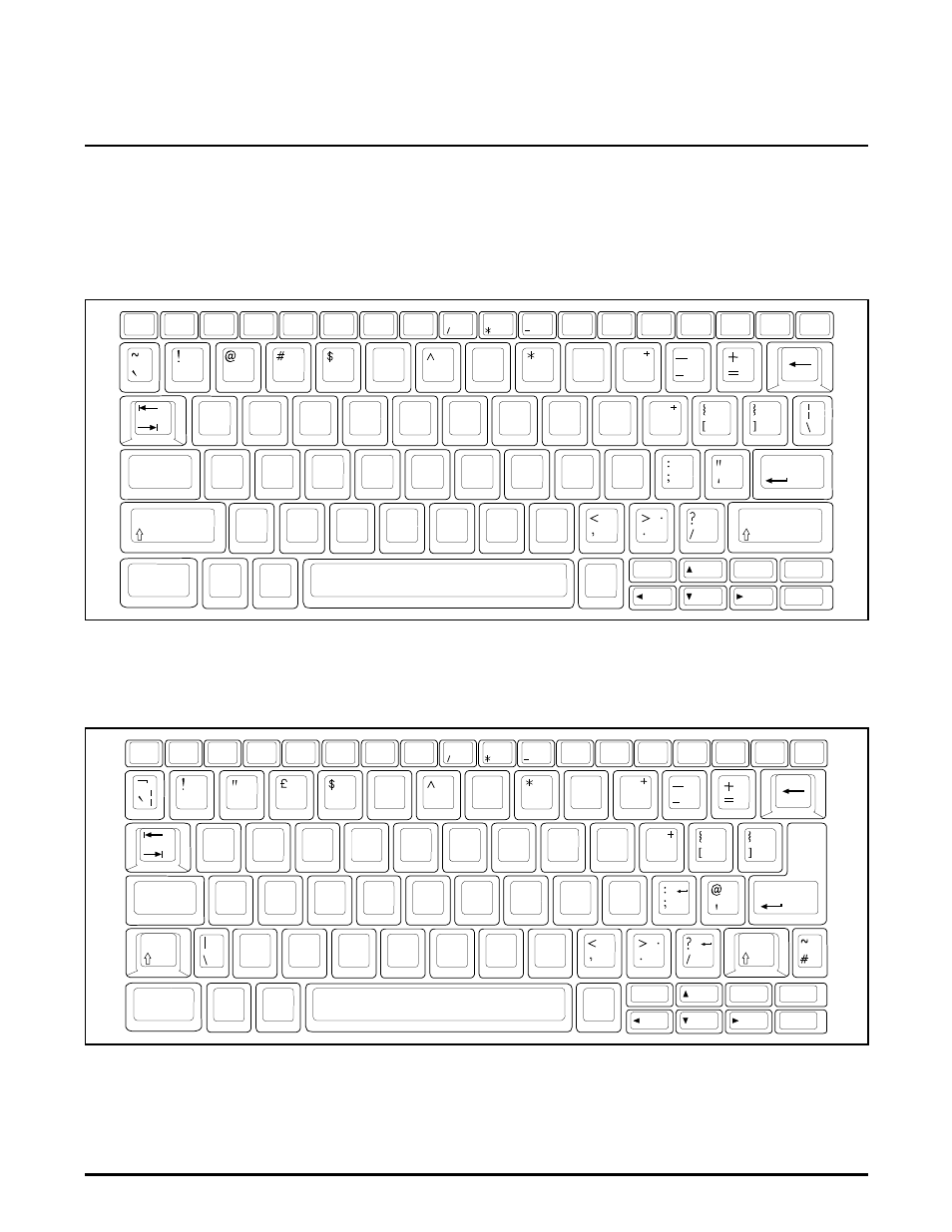 B keyboard, Layouts, Introduction | Bkeyboard layouts, B.1 introduction, Figure b-1 u.s. english keyboard layout, Figure b-2 u.k. english keyboard layout, Keyboard layouts b-1 | Texas Instruments 5000 User Manual | Page 243 / 286