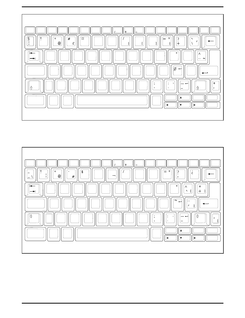 Norwegian keyboard layout, Spanish keyboard layout, Figure b-7 norwegian keyboard layout | Figure b-8 spanish keyboard layout, B-4 keyboard layouts | Texas Instruments 5000 User Manual | Page 246 / 286
