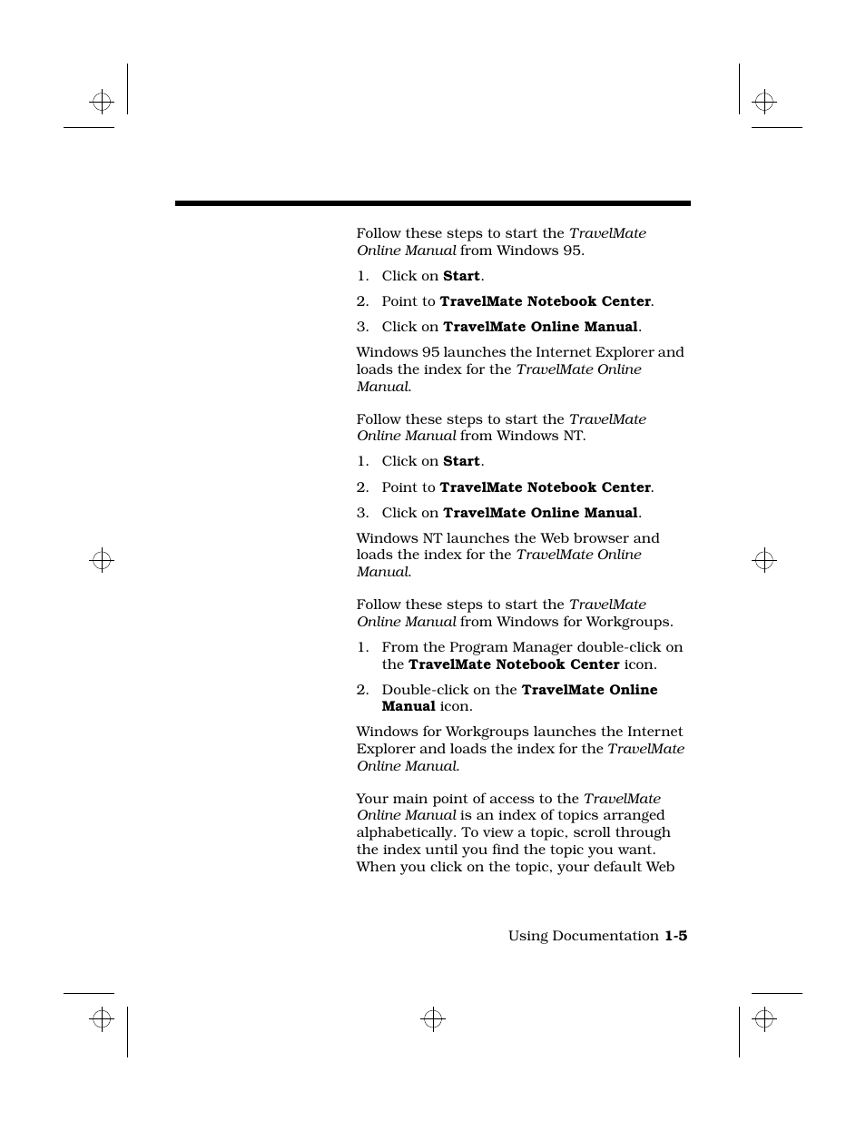 Using the travelmate online manual, Starting from windows 95, Starting from windows nt | Starting from windows for workgroups, Viewing a topic | Texas Instruments 6100 User Manual | Page 15 / 113