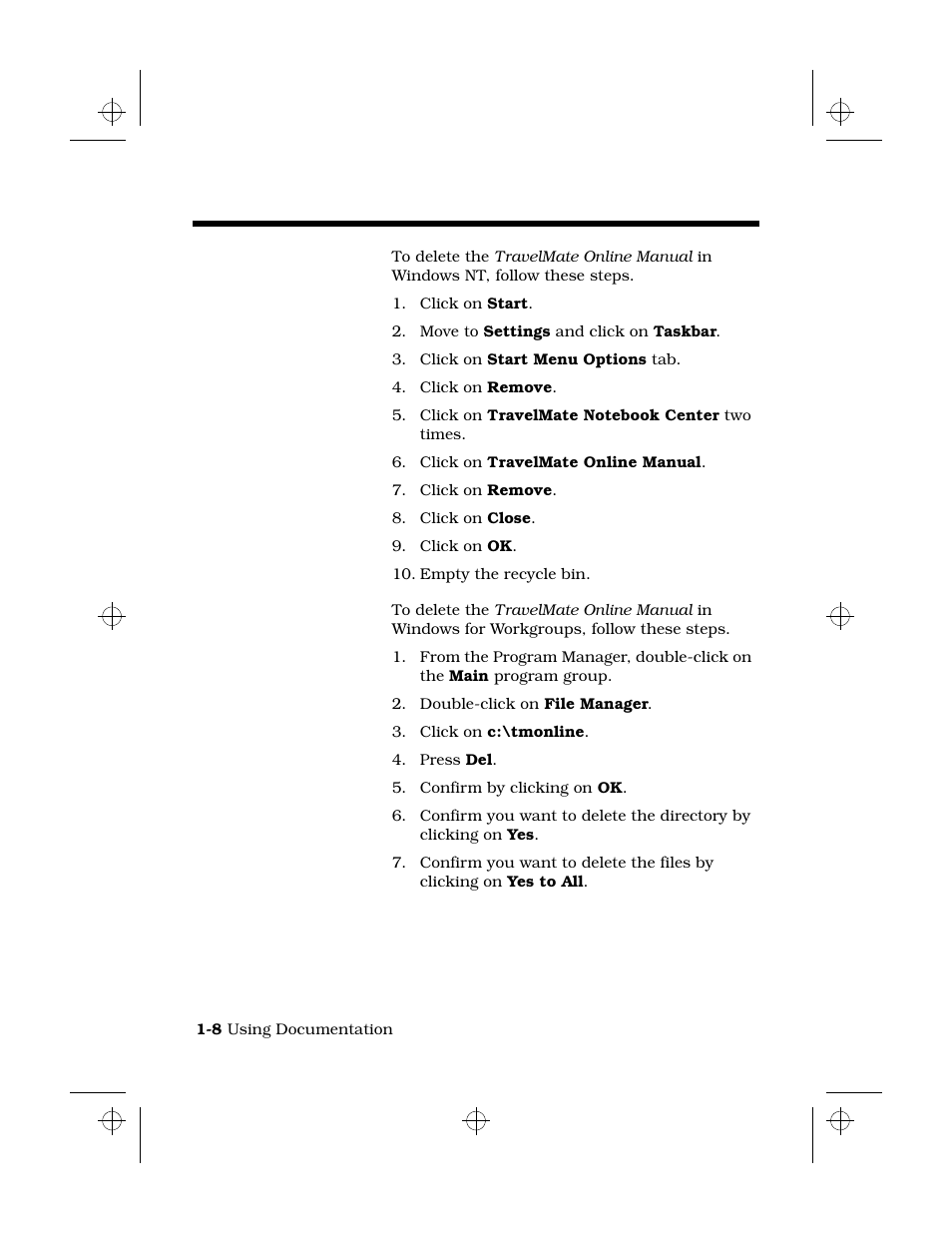 How to delete in windows nt, How to delete in windows for workgroups, Deleting the travelmate online manual | Texas Instruments 6100 User Manual | Page 18 / 113