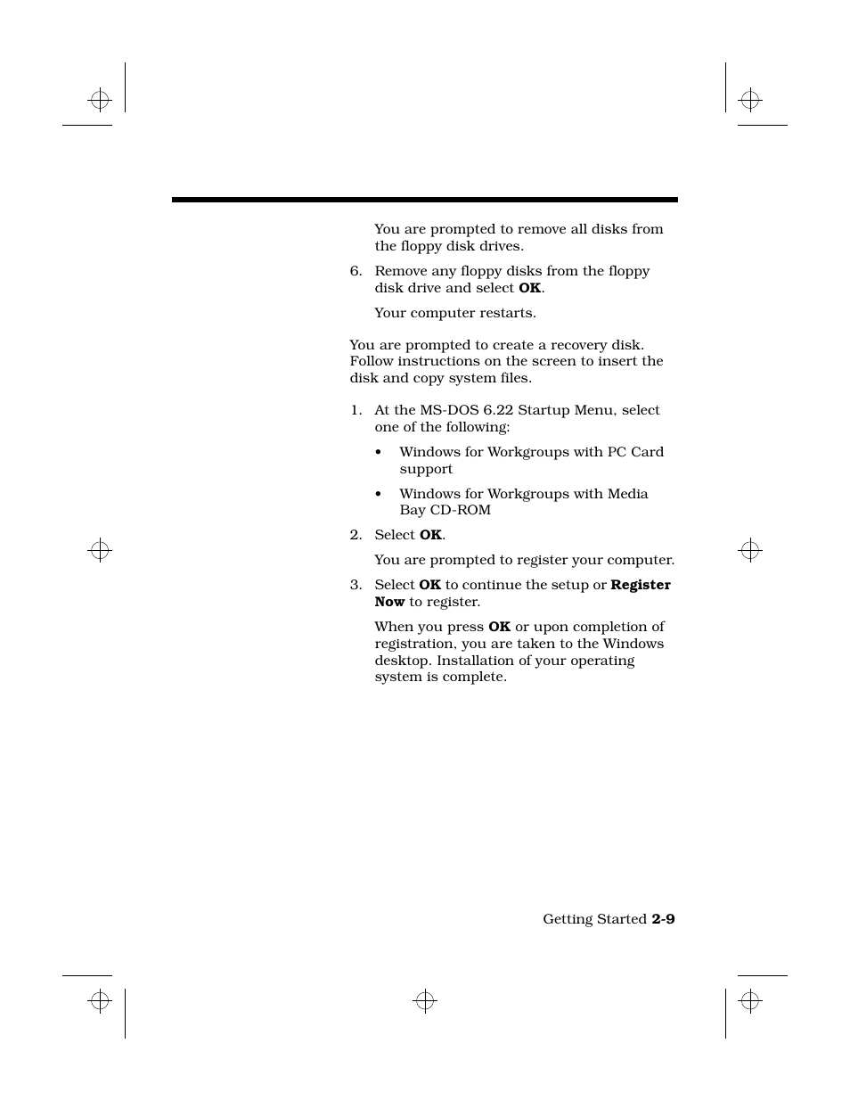 Creating recovery disk, Registering your computer, Loading windows for workgroups | Texas Instruments 6100 User Manual | Page 27 / 113