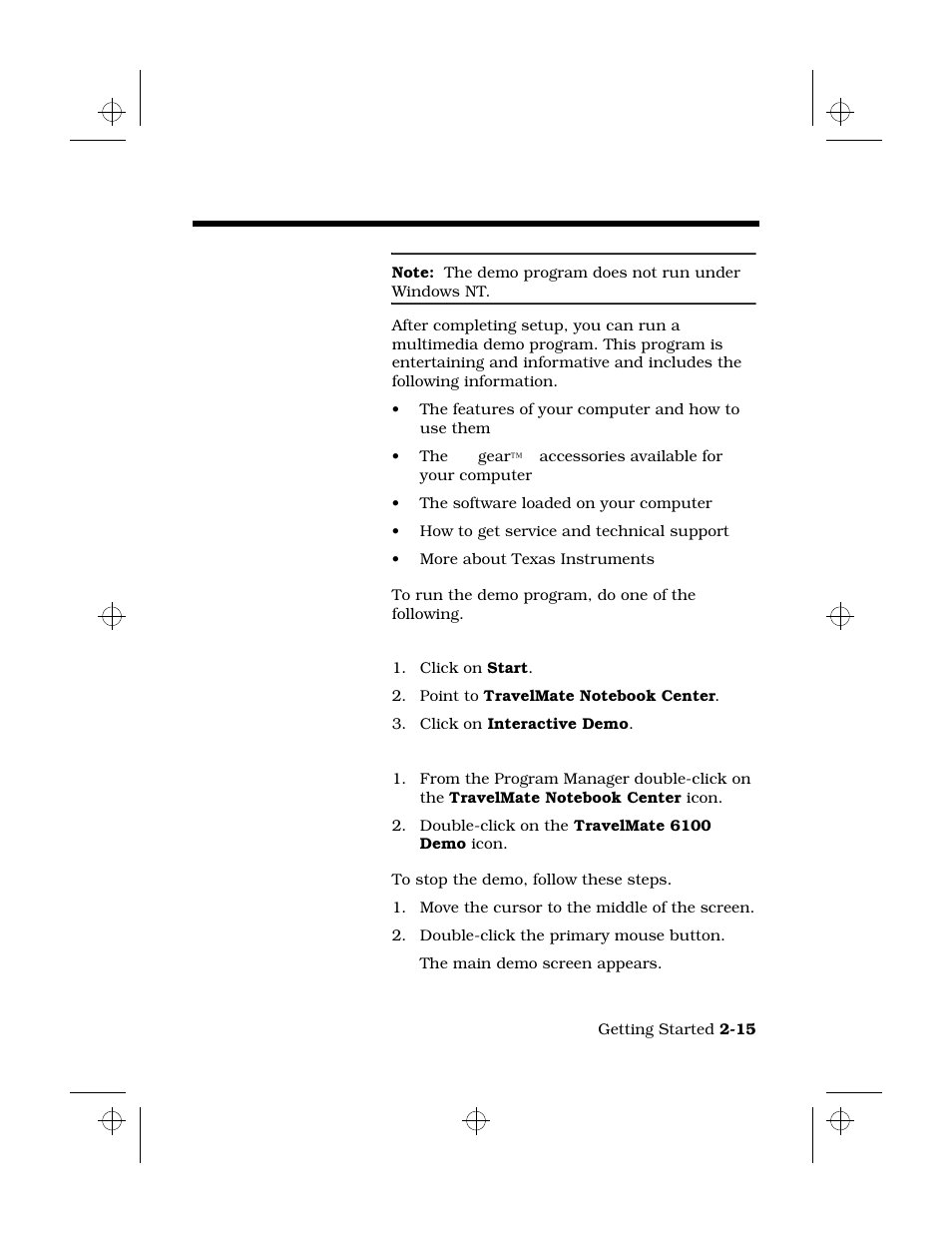 Running the demo program, Contents of the demo program, Running the demo | In windows 95, In windows for workgroups, Stopping the demo program | Texas Instruments 6100 User Manual | Page 33 / 113