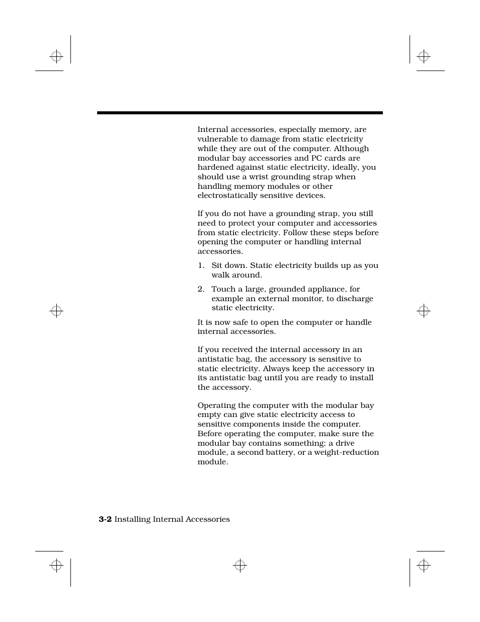 Preventing damage from static electricity, If possible, use a grounding strap, What to do if you don’t have a | Grounding strap, Use the antistatic bag, Operate the computer with something in the, Modular bay -2 | Texas Instruments 6100 User Manual | Page 36 / 113